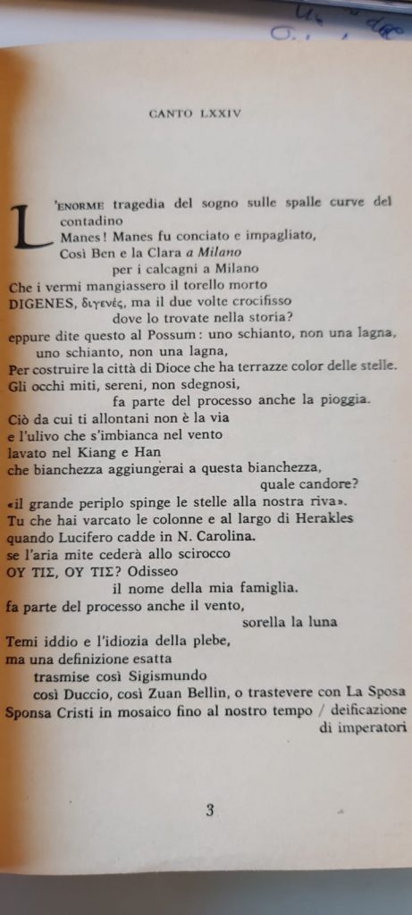 Ho trovato in un bookcrossing una copia del libro “Canti Pisani” del poeta Ezra Pound, figura mitica della cultura della destra italiana (non so per quella americana, invero), tanto da dare il suo nome ad un movimento ultranazionalista. 
Il libro era stato dismesso da una biblioteca pubblica. E non lo sarebbe stato se fosse stato letto. Ma la sua sostanziale integrità diceva con chiarezza che nessuno, per anni, lo aveva preso in prestito o lo aveva sfogliato. 
